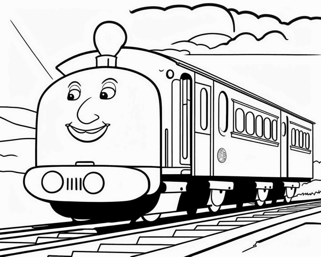 Színező egy rajzfilmes arcú vonattal, nagy szemekkel, orral és mosollyal